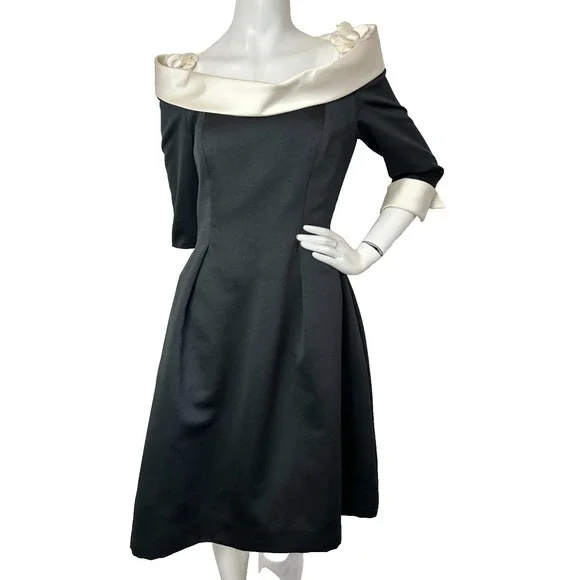 80s Victor Costa Nahdree Evening Dress Size 8 Black White Flower Off Shoulder - Picture 2 of 15